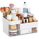 White Makeup Organizer With 3 Drawers, Large Capacity Plastic Cosmetic Storage for Dresser and Vanity, Ideal for Beauty, Perfume, Brushes, Skincare, Bathroom Organizers and Storage Counter