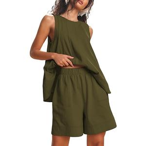 Womens 2 Piece Lounge Set Casual Summer Outfits Sleeveless Tank Top and Elastic Waist Shorts with Pockets