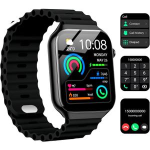 Smart Watch for Men Women, 2.09" AI Fitness Smartwatches with Calling/SMS, Heart Rate/Sleep/SpO2 Monitor, Pedometer, Dual Bands, 1 Game for Android/iOS Phones (Black)