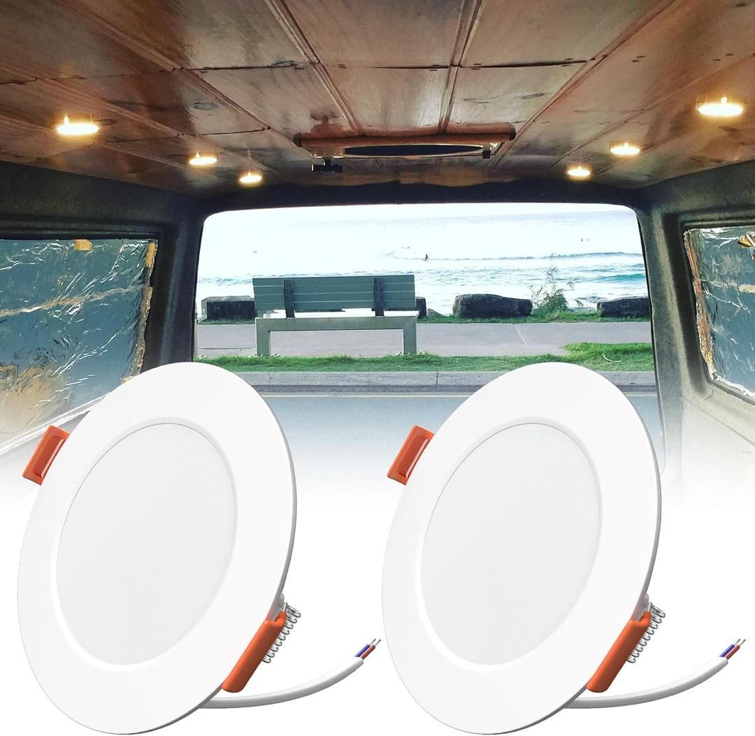 2-Pack RV Recessed LED Ceiling Lights 12V 3, Ultra Thin Puck Lights 3W 3000K Dimmable RV Lights Interior for Camper Lights Cargo Trailer Under Cabinet Van Boat