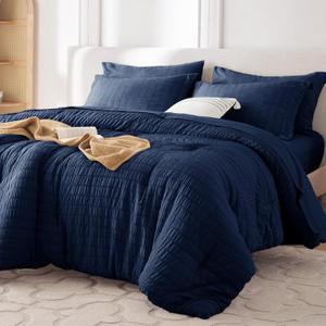 MUXHOMO 7 Pieces Queen Comforter Set, Seersucker Bed in a Bag Queen Size, All Season Luxury Bedding Set with Comforter, Flat Sheet, Fitted Sheet, Pillowcases & Shams, Navy Blue (Queen (88"x88"))