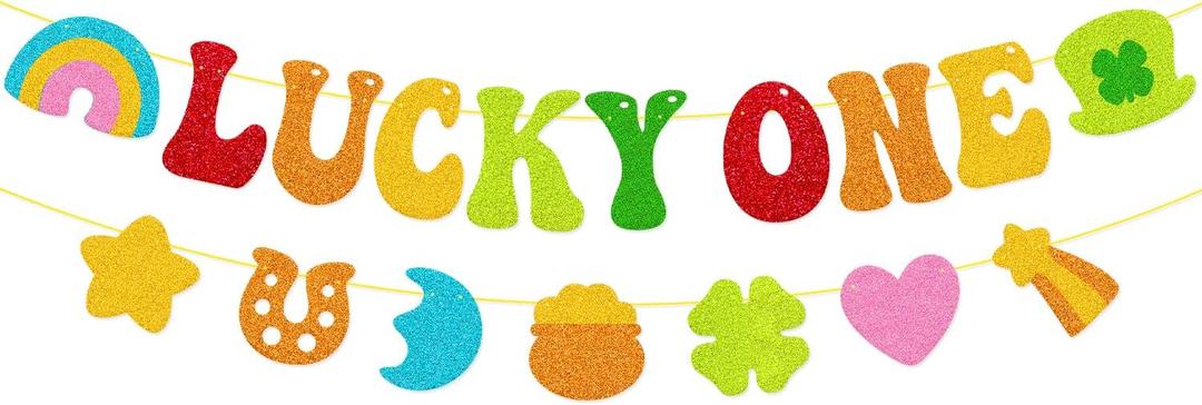 Lucky One Banner with Shamrocks, Pre-Strung St. Patricks Day Decorations - Good Luck Backdrop for 1st Birthday Party & Irish Baby Shower Decorations, Colorful Irish Party Wall Hanging