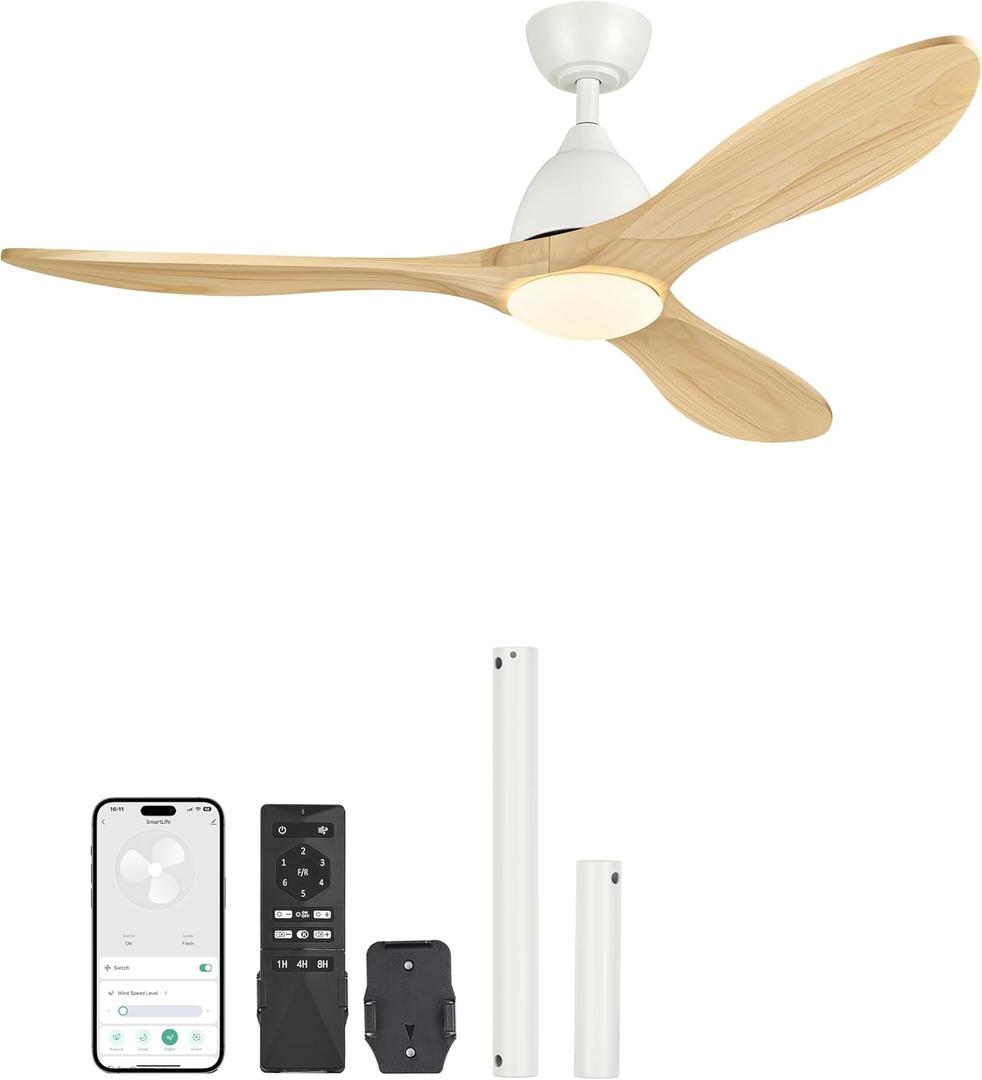 VONLUCE Ceiling Fans with Lights, 52 inch Smart Ceiling Fan with Remote/APP/Alexa Control, 3 Blades, 6 Speeds, Noiseless Reversible DC Motor, Wood Ceiling Fan for Bedroom Farmhouse, White
