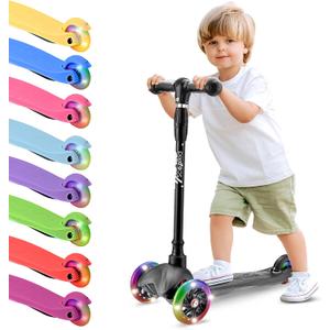 Hurtle Mini Kickboard 3 Wheel Scooter for Kids Ages 2-5 - Lean-to-Steer Toddler Scooter with Light-up LED Wheels, Adjustable Height & Rear Foot Brake for Boys. & Girls, Anti-Slip, Indoor/Outdoor