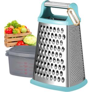 Ourokhome Cheese Grater with Handle, Stainless Steel Box Grater, 4 Side Kitchen Vegetable Shredder Slicer Zester with Container for Parmesan, Cabbage, Ginger, Lemon, Chocolate, Coconut (Teal) (10 inch, Mint)