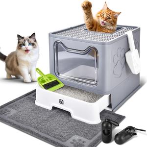 Enclosed Cat Litter Box with Lid Foldable Potty,Drawer Type Extra Large Cover Litter Box with Mat, Kitty Free in and Out/One-Way,Odor Control Anti-Splashing Easy Cleaning (Dark Grey)