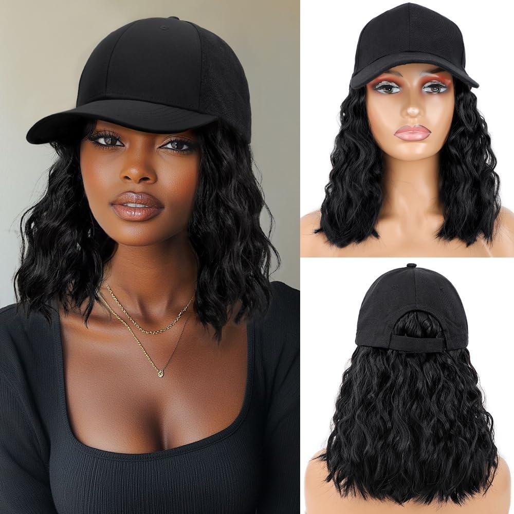 Hat Wig for Women Short Wave Baseball Cap with Curly Hair Extensions Synthetic Wave Adjustable Baseball Hat Wig (natural black#) (14 Inch)