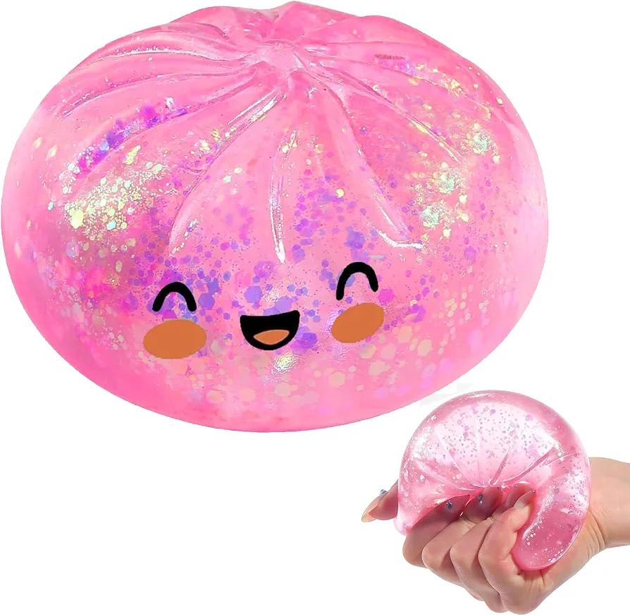 Dumpling Squishes Stress Balls with Steamer, Cute Anxiety Relief Toy, Soft Squeeze Decompression Dough for Adults, Simulation Food Squishies Bun (Pink)