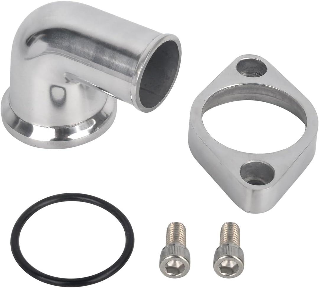 90 Swivel Water Neck Aluminum Polished Thermostat Housing Compatible with SBC BBC Chevy 265 283 305 307 327 350 383 400 396 402 427 454 472 502 348 409 (90 Degrees Style1, Silver)