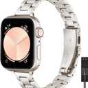 STIROLL Thin Replacement Band Compatible for Apple Watch 49mm Ultra 3 2 1, 46mm Series 11 10,45mm Series 9 8 7, 44mm Series 6 5 4 SE, 42mm Series 3 2 1, Stainless Steel Metal Wristband iWatch Bands for Women, Starlight(No Case)