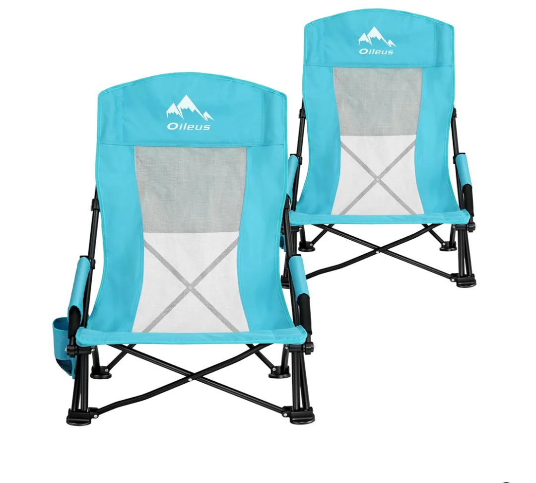Oileus Folding Portable Beach Chair, High-Back Low-Seat Lightweight Chair for Beach Tents, Shelters, and Camping, Full Mesh Backrest | Cup Holder | Storage Bag | Carrying Bag | 2 Armrests