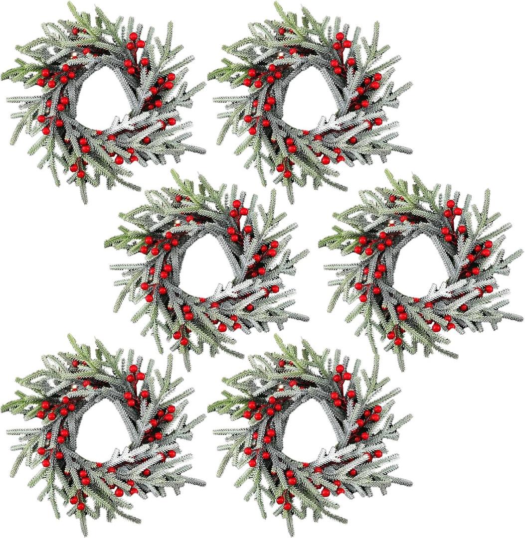 6 Pcs Christmas Candle Rings Wreaths Artificial Red Berries Snowy Pine Candle Rings Holder for Christmas Wedding Home Table Centerpiece