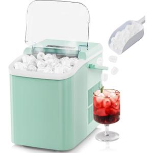 Sweetcrispy Countertop Ice Maker with Scoop, Basket and Handle, 9 Ice Cubes Machine Ready in 6 Mins, 26.5lbs in 24Hrs, 2 Sizes for Home Kitchen Office Bar Party, Elegant Green