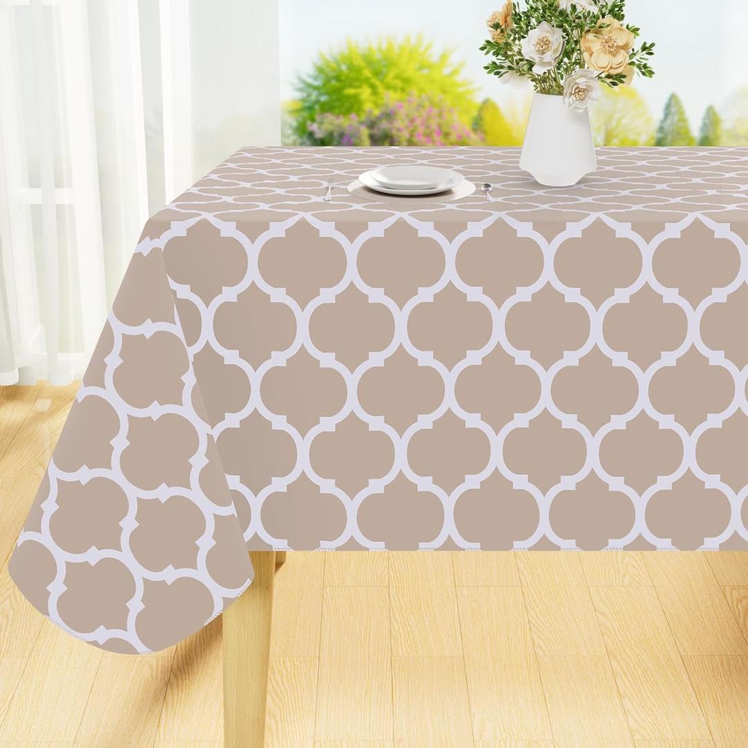 Smiry Rectangle Table Cloth, Waterproof Vinyl Tablecloths with Flannel Backing for Rectangle Tables, Wipeable Spillproof Plastic Tablecloth for Dining, Camping, Indoor and Outdoor (52"x70", Khaki)