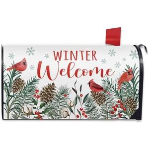 FBCOO Winter Welcome Cardinal Mailbox Cover Magnetic Standard Size 21" x 19", Red Birds Pine Needle Pine Cone Decorative Post Letter Box Wrap Decor, Christmas Red Berry Garden Yard Outdoor Decoration