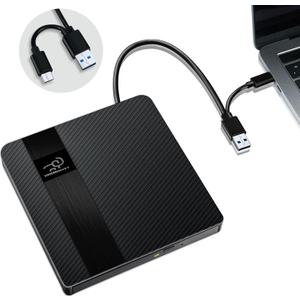 External CD/DVD Drive USB 3.0 & Type-C Slim Portable DVD Player+/-RW Disk Drive CD Burner Writer Reader CD ROM, for Laptop Desktop PC MacBook Mac Windows 11/10/8/7 Linux OS Apple