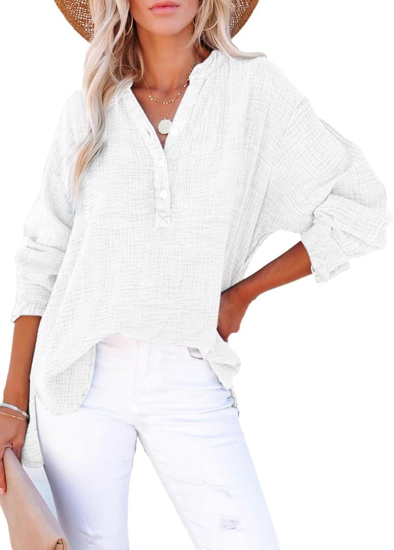 Dokotoo Womens Casual Button V Neck Long Sleeve Shirts Oversized Solid Blouses Tops (Small, White)