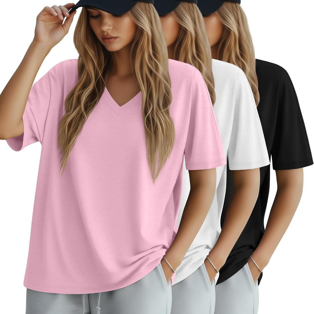 Huukeay 3 Pack Women's Oversized Cotton T-Shirts V Neck Loose Fit Casual Workout Tees Soft Short Sleeve Tops (L)