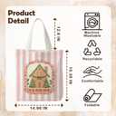 KEUSPI Christmas Tree Gingerbread House Tote Bag for Women, Preppy Christmas Canvas Tote Bag, Pink and White Striped Xmas Ginger Bread Reusable Shopping Grocery Bags