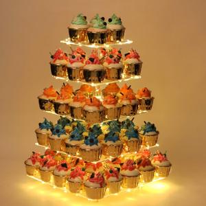 YestBuy 5 Tier Cupcake Stand for 60 Cupcakes,Clear Acrylic Cupcake Tower with Yellow LED Lights and 4.7" Clear Tiers, Perfect for Weddings, Birthdays and Dessert Tables