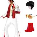 Luming Men's 50s Rock Star Disco Outfit Costume Halloween Costume Adult for Men 5PCS: Jumpsuit Wig Sunglasses Belt Red Scarf (XX-Large)