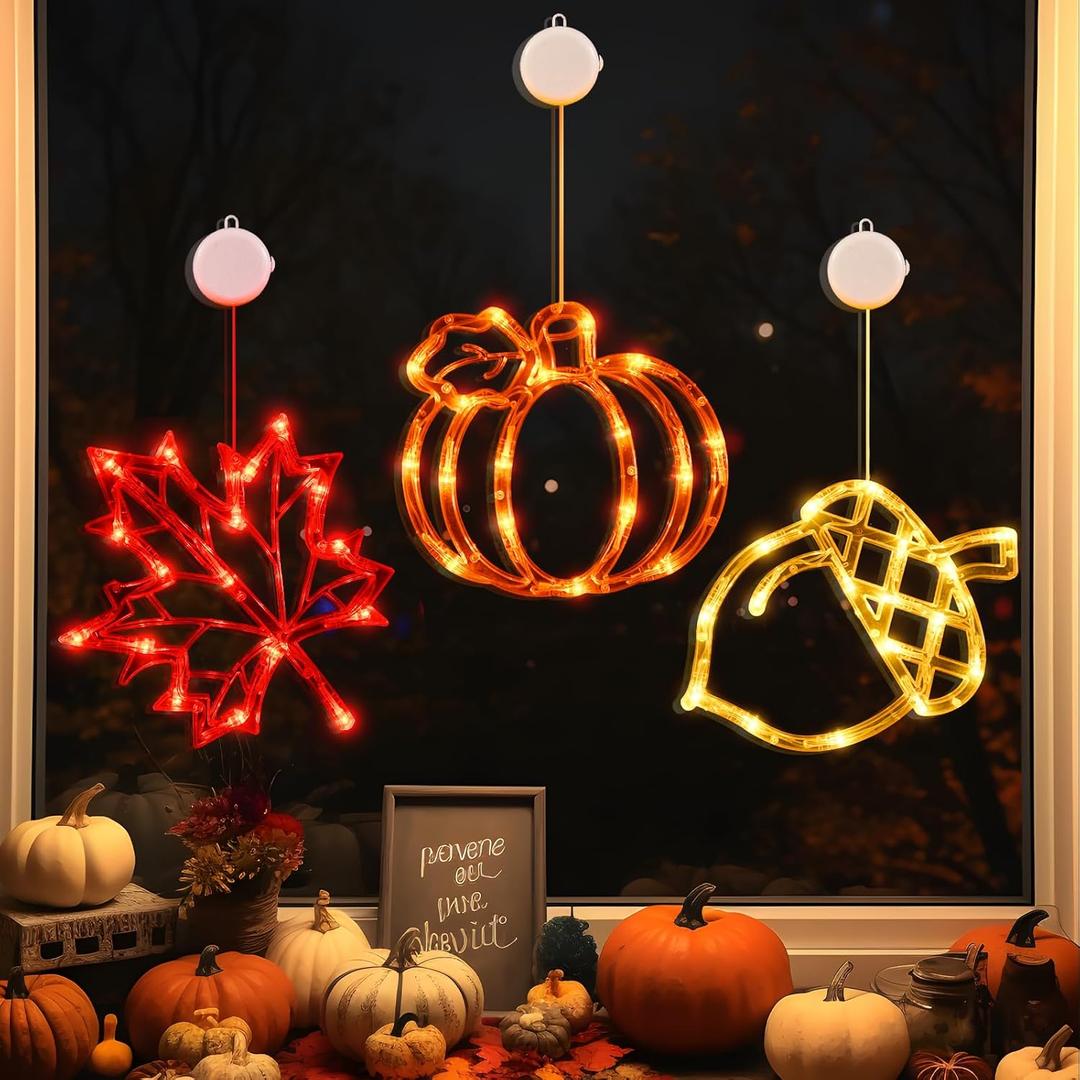 LOLStar Fall Decor Window Lights 2026 Thanksgiving Decorations Acorn Maple Leaves Pumpkin LED Lights with Suction Cups Battery Operated(Exclusive) Slow Fade Mode Timer Autumn Decorations for Home