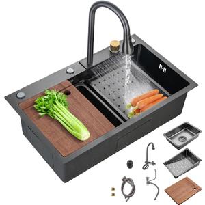 30Inch Kitchen Sink with Faucet Combo Waterfall Black Stainless Steel Waterfall Sink Kitchen Countertop Multi-Functional Sinks Farmhouse Undermount or Countertop Drop in, 30x18 inches