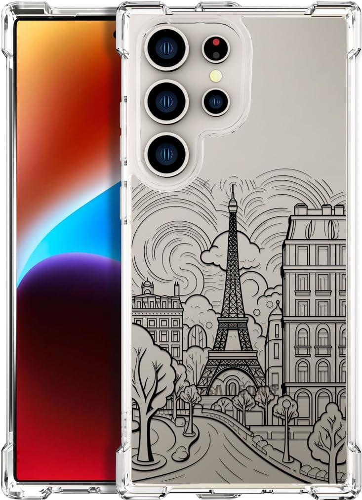 ENDIY Compatible with Samsung Galaxy S24 Ultra Cases with Design, Cute Transparent Designer Phone Case for Women Girls Girly with Heavy Duty Protective Bumper (Clear Paris City Eiffel Tower)