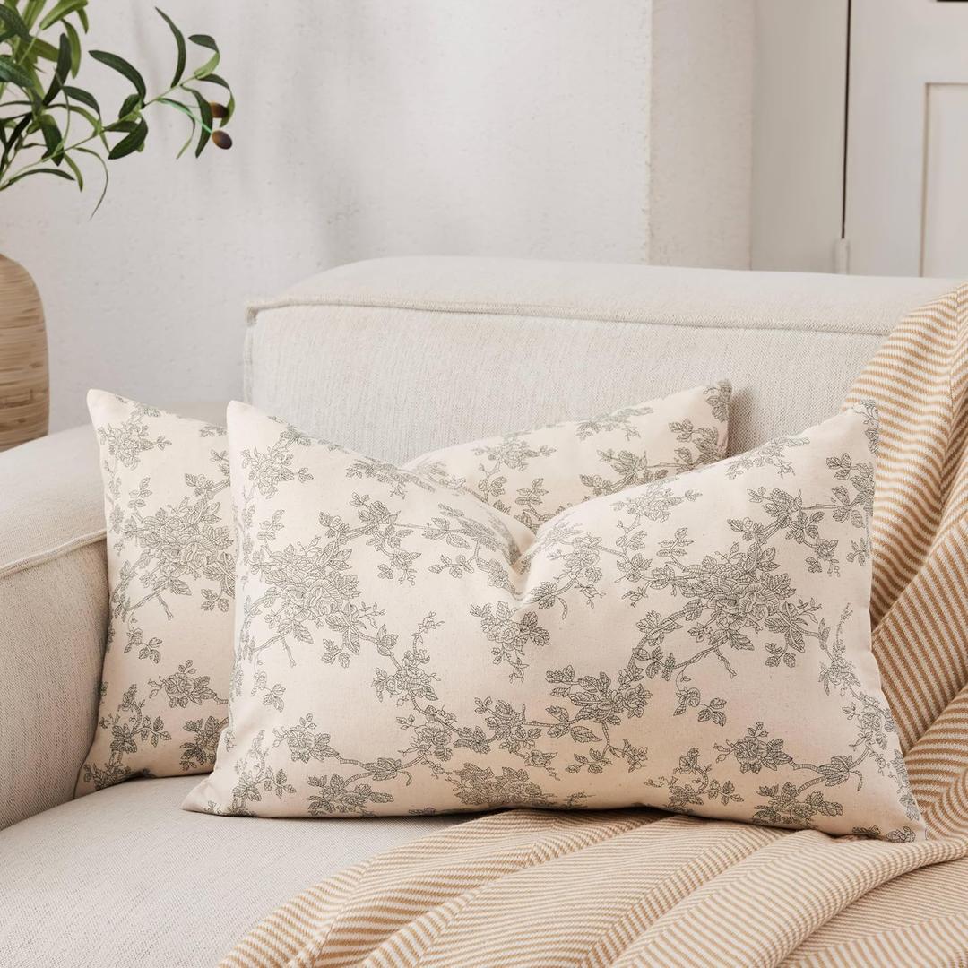 100% Cotton French Pastoral Lumbar Throw Pillow Covers Set of 2, 12x20 Inch Double Sided/Green, Farmhouse Decorative Cushion Covers for Sofa Bed Living Room Home Decor