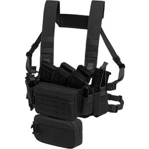 Compact Chest Rig with 5.56/7.62 & Pistol Magazine Pouch Elastic Radio/Flashlight Holder Tactical Dangler Pouch (Black)