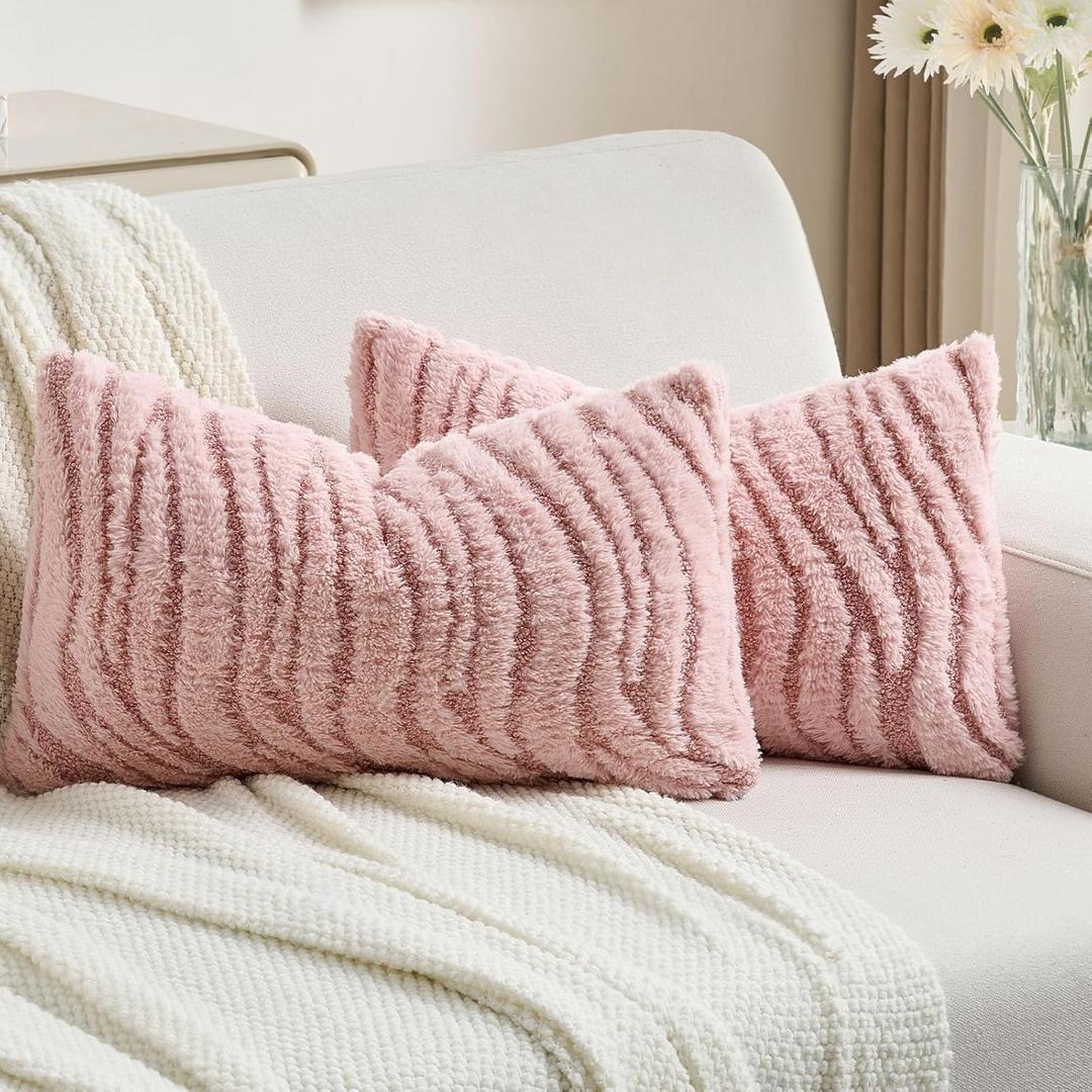 FUTEI Pack of 2 Solid Faux Fur Geometric Striped Throw Pillow Covers 12x20 Inch Soft Farmhouse Decorative Accent Lumbar Pillowcases Modern Home Decor for Couch Living Room, Pink
