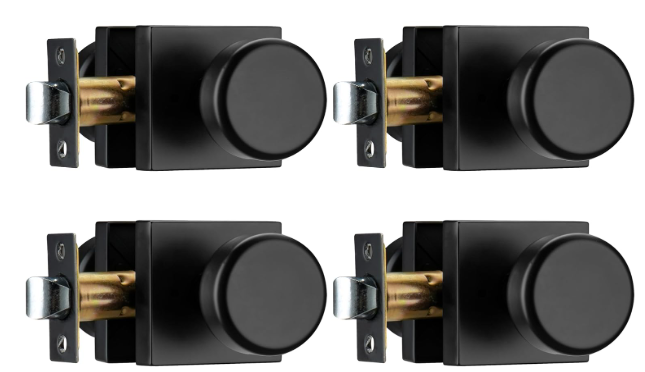 4 Pack Matt Black Door Knob with Push Lock for Bath & Bedroom | Zinc Square Rosette, Push Lock for Privacy
