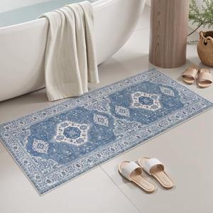 Seavish Vintage Blue Bathroom Runner Rug, 20x47 Inch Boho Farmhouse Distressed Soft and Absorbent Bath Mat, Non Slip Washable Large Bathroom Rugs for Sink Vanity Tub Laundry Room