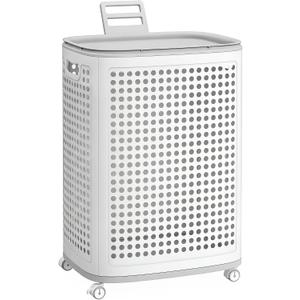 SONGMICS Laundry Hamper with Wheels, Plastic Laundry Basket, 19.8 Gallons (75 L), Slim Storage Basket, for Bathroom, Bedroom, White and Gray URLH020WG01