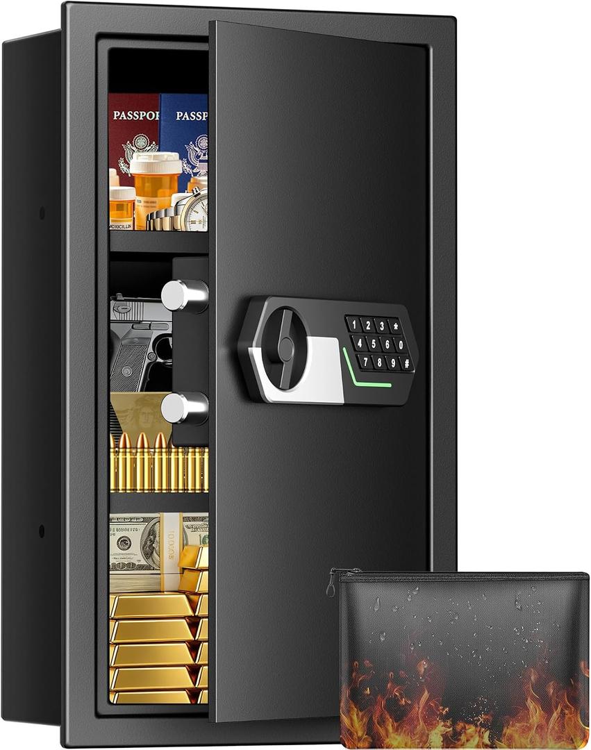 25.6'' Tall Fireproof Wall Safes Between the Studs, Fire Security In Wall Safe with Digital Keypad, 2 Removable Shelves and Fireproof Bag, Anti-Theft Hidden Wall Safe for Home, Pistols, Cash