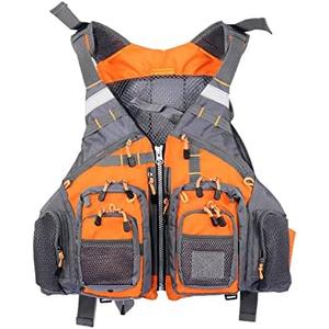 JKSPORTS Fly Fishing Vest - Fishing Safety Life Jacket for Swimming, Sailing, Boating, Kayak - Floating Multifunction Breathable Backpack for Men and Women - Adjustable, Grey/Green/Red/Blue (with foam, Orange)