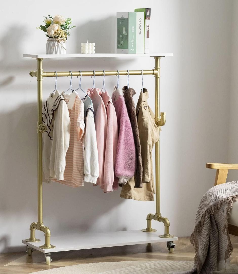 Child Clothing Rack, Kids Garment Rack Dress-up Closet, Rolling Pipe Open Clothes Rack with Storage Shelf, Industrial Wood Metal Clothes Organizer (two tiers one hanging rod kids garment rack)