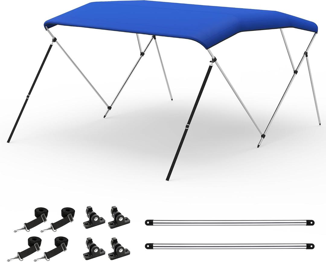 Bimini Tops for Boats, 3 Bow/4 Bow Bimini Tops, 900D Marine Grade Canvas Boat Canopy with Aluminum Alloy Frame, Waterproof UV-Resistant, Includes 4 Straps 2 Rear Support Poles