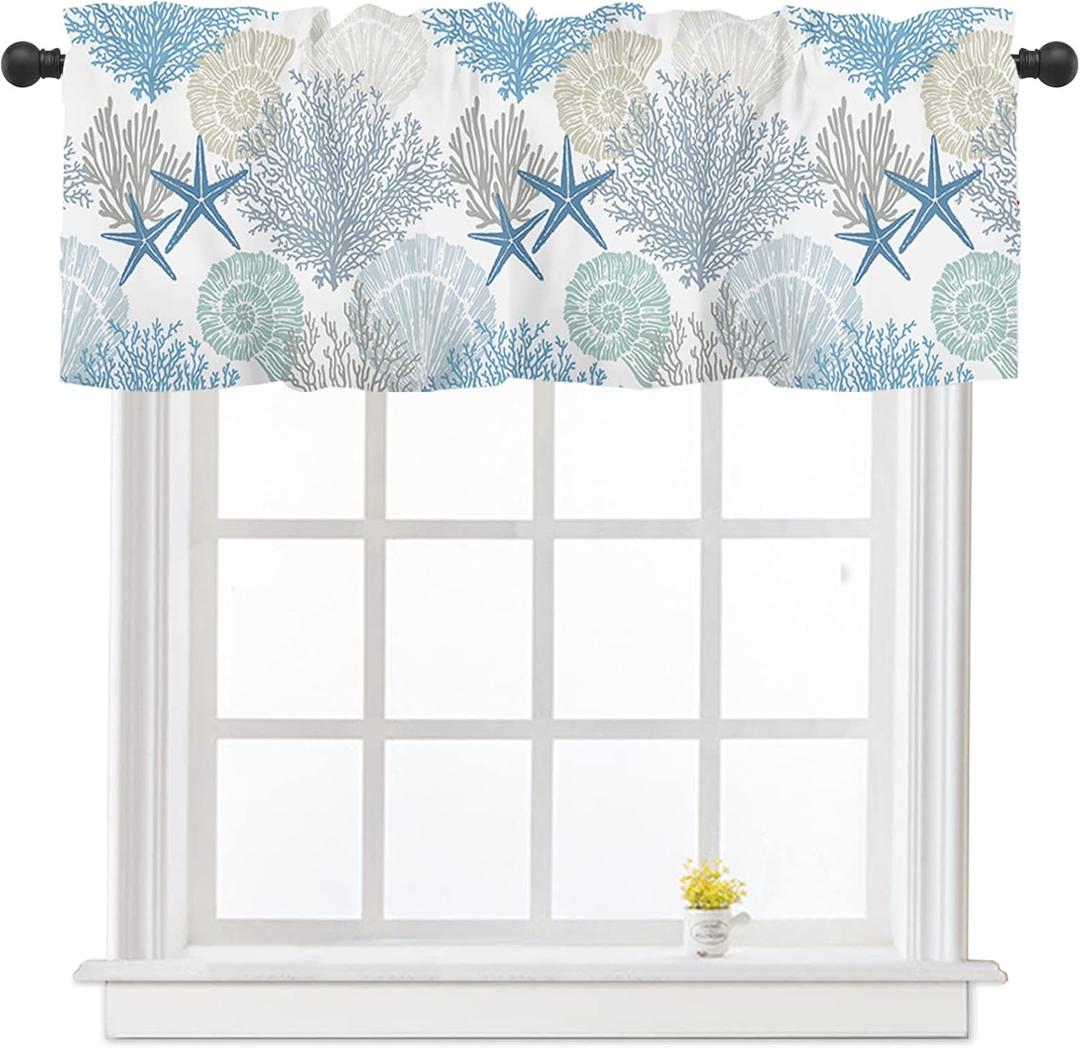 Summer Starfish Coral Kitchen Curtains Valances for Windows Beach Coastal Seashell Window Curtain 54x18 Inch Blue White Short Rod Pocket Bathroom Treatment Valance for Living Room Bedroom Decor