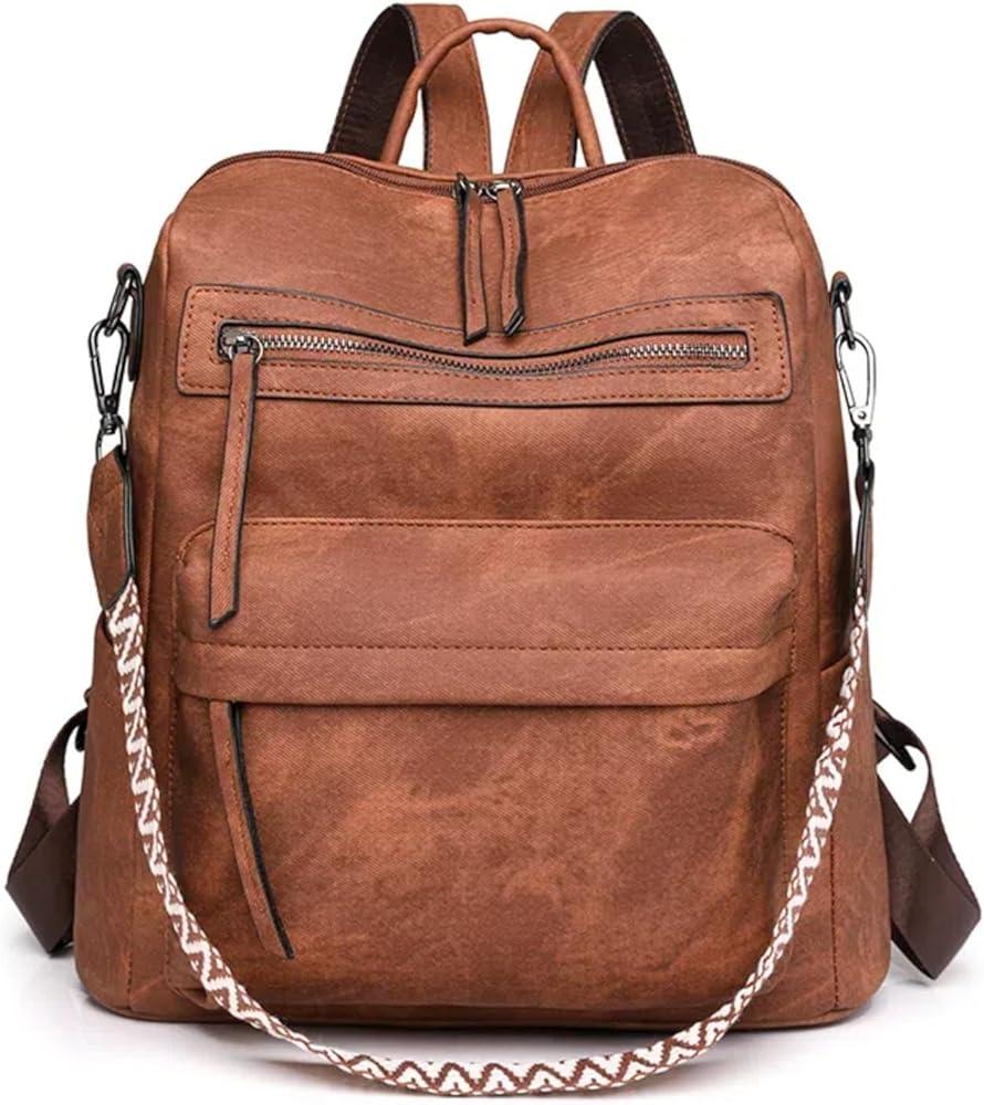 Backpack Purse for Women, PU Leather Back pack Purse, Multiple Pockets Waterproof with Adjustable Straps, Women Backpack for Daily Work Travel, Brown