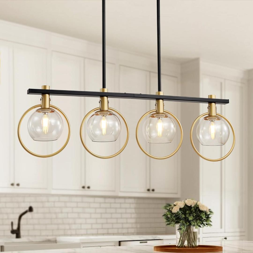 Gold Black Chandelier Modern Dining Room Light Fixture 4-Light Kitchen Island Lighting Hanging for Farmhouse Linear Chandeliers Mid Century Chandelier with Clear Glass Globe Shade