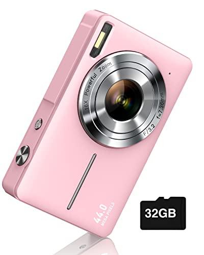 Digital Camera, FHD 1080P Digital Point and Shoot Camera with 16X Zoom Anti Shake, 32GB Card, Compact Small Camera for Boys Girls Kids, Pink