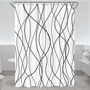 Punkray Black and White Striped Wavy Line Polyester Shower Curtain for Bathroom with Hooks, Extra Long Shower Curtains 96 Inches Long, Weighted Hem, Waterproof Bath Accessories