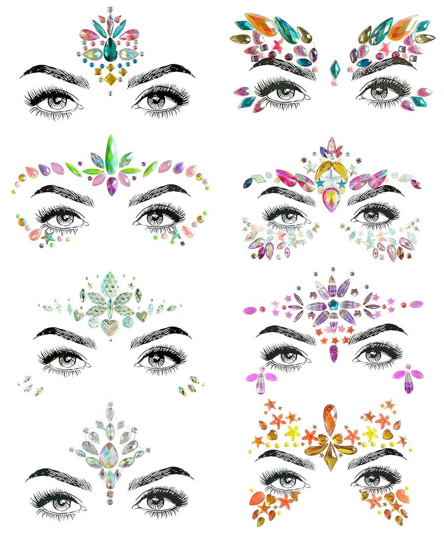 8 Pc Music Rave Face Jewels: Rhinestone Crystal Gems for Eyes, Body & More