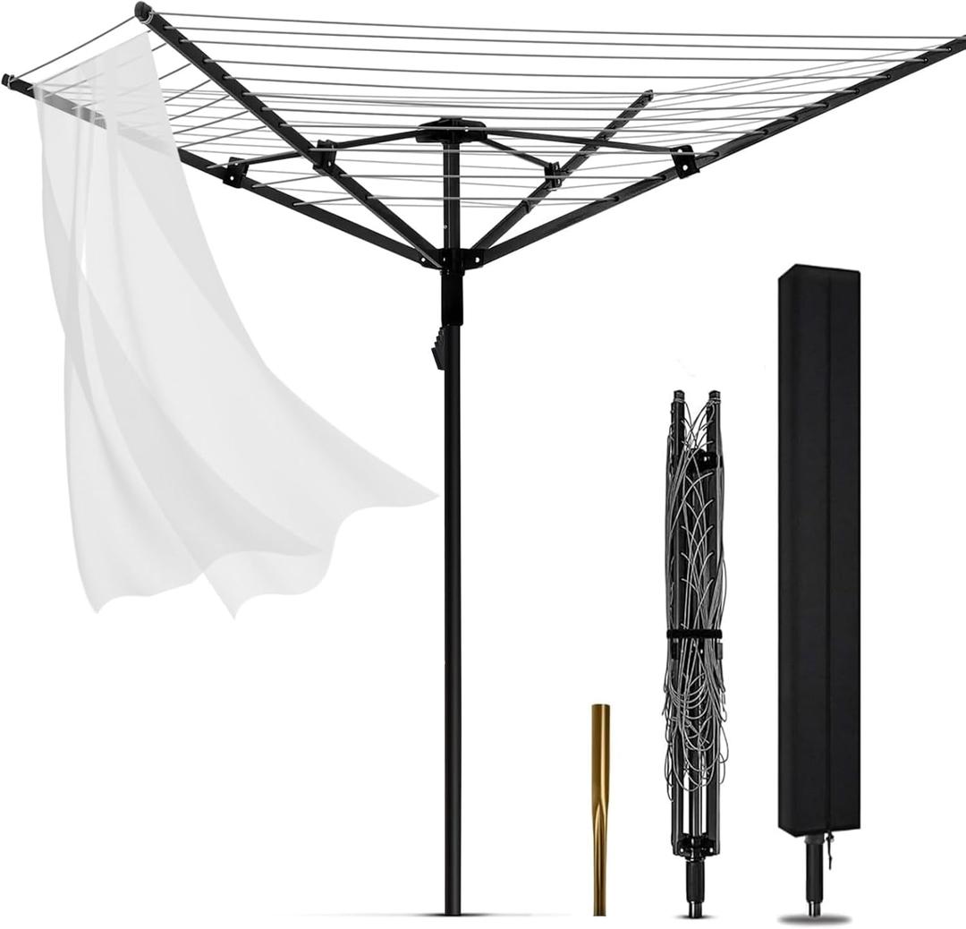 Umbrella Clothesline Outdoor, Rotary Retractable Clothes Line Outdoors Adjustable Height Drying Rack Clothing 4 Arms 12 Lines with 165 Feet Heavy Duty Outdoor Clothesline for Backyard