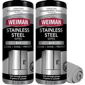 Weiman Stainless Steel Cleaner and Polish Wipes Bundle with Microfiber Cloth-Removes Fingerprints, Water Marks and Grease from Appliances - Works Great on Refrigerators, Ovens, and Grills (30 Count (Pack of 2))