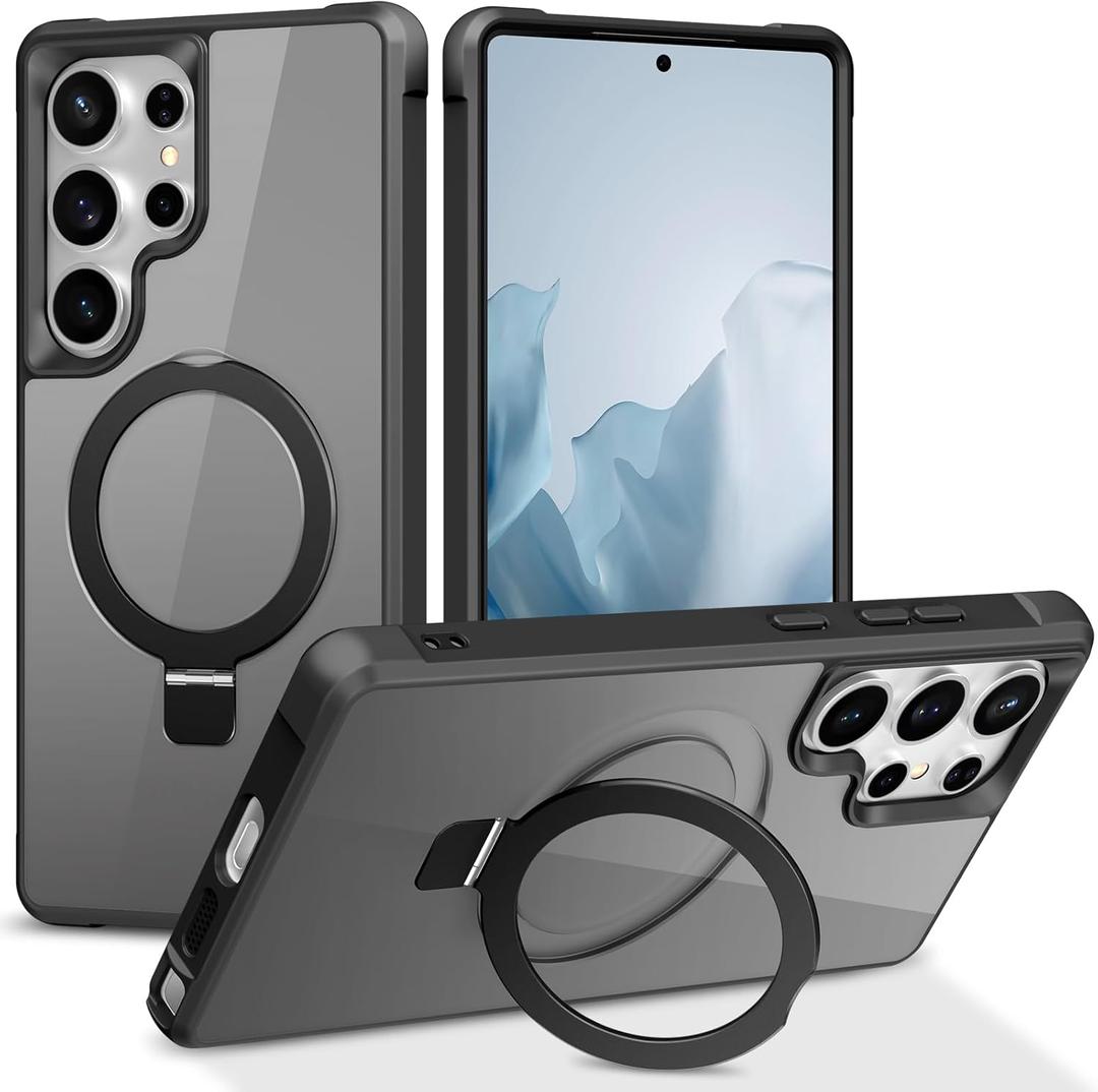 Magnetic Compatible with Samsung Galaxy S25 Ultra Case with Stand [Military Grade Drop][Compatible with Magnet] Ring Holder Translucent Slim Hard Back Soft Edge, Black