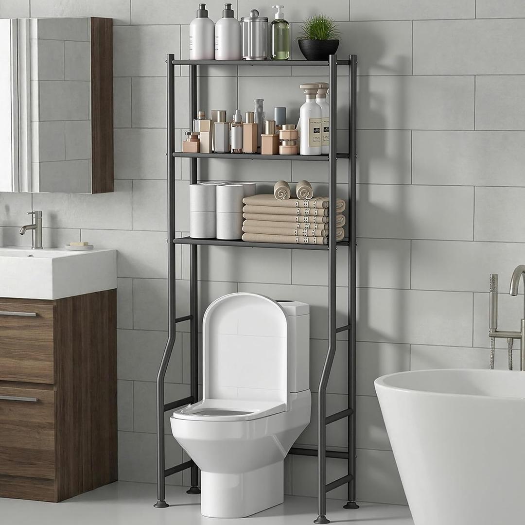 Over The Toilet Storage Rack, 3-Tier Metal Bathroom Organizer with Hooks, Over The Toilet Storage Cabinet, Space Saver Shelf for Bathroom, White, 23.6" x 13.0" x 63.4"