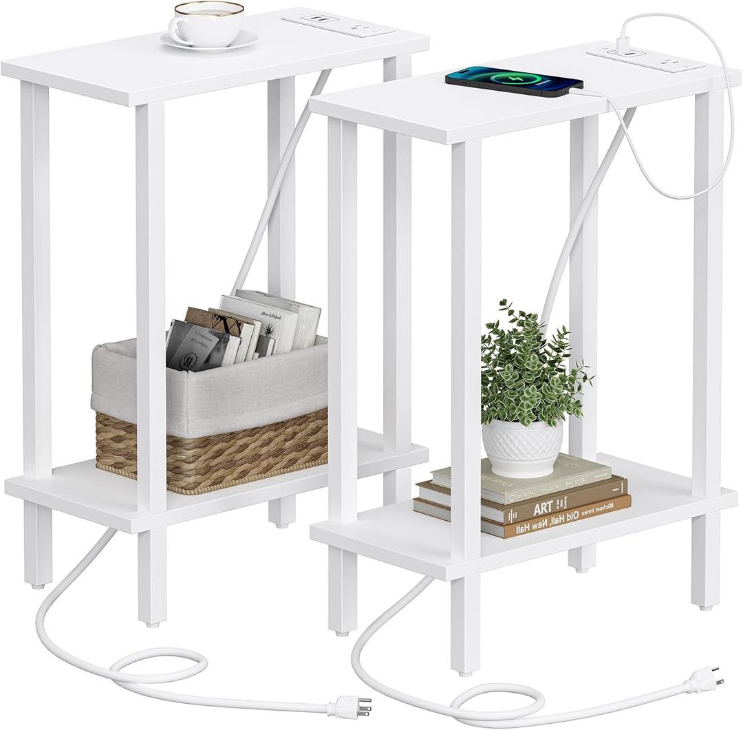 TUTOTAK Small End Table with Charging Station, Narrow Side Table with USB Ports and Outlets, Set of 2, Skinny Sofa Table, Slim Nightstand, Living Room, Bed Room, White TB01BW0602 (2-Tier7.9"D x 15.8"W x 22.5"H)