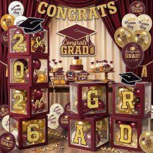 Graduation Decorations Class of 2026 Maroon and Gold Balloon Boxes for High School & College, Congrats Grad Party Table Decorations with 4 String Lights, 2026 GRAD So Proud of You Letters